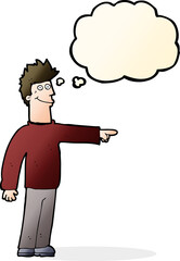 cartoon happy pointing man with thought bubble