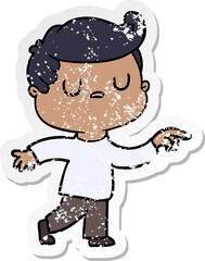 distressed sticker of a cartoon aloof man pointing finger