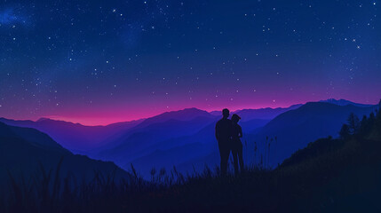 A couple stargazing on a clear summer night, surrounded by mountains, capturing the romance and tranquility of a summer escape