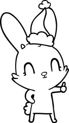 cute line drawing of a rabbit wearing santa hat