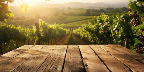 Empty wood table top with on blurred vineyard