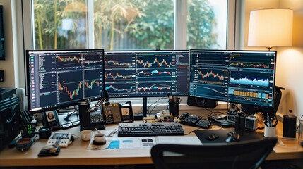 financial analyst's home office, multiple monitors on a desk showing detailed interest rate trends and stock market graphs, realistic clutter of coffee cups and financial newspapers