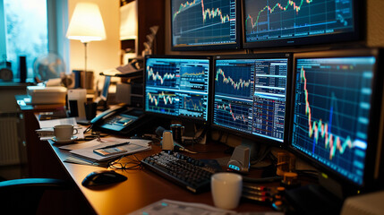 financial analyst's home office, multiple monitors on a desk showing detailed interest rate trends and stock market graphs, realistic clutter of coffee cups and financial newspapers