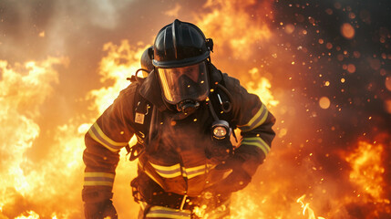 firefighter in full gear battling a blazing inferno, vivid flames and smoke surrounding, intense and dramatic lighting, a cityscape in the background at dusk