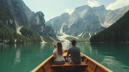 A family enjoying a boat ride on a tranquil lake surrounded by mountains, capturing the idyllic moments of a summer escape