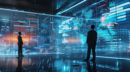 financial institution, showing 3D interactive graphs of interest rates, with professionals in business attire analyzing the data, sleek and sophisticated ambiance