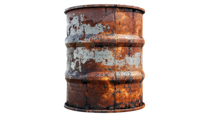 Old metal barrel covered in rust on transparent background