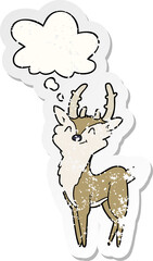 cartoon happy stag and thought bubble as a distressed worn sticker