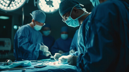 surgeon in scrubs performing a complex surgery, intricate medical tools in hand, under the bright lights of an operating room, assistants in the background - obrazy, fototapety, plakaty