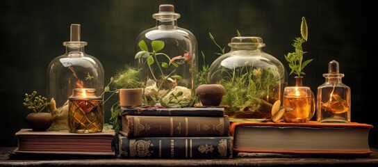 Obraz na płótnie Canvas herbs in bottles and books
