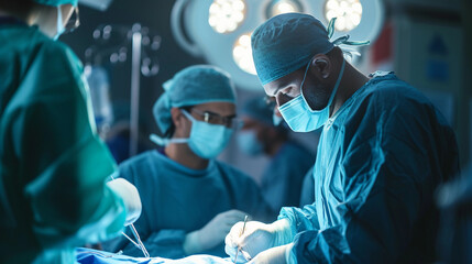 surgeon in scrubs performing a complex surgery, intricate medical tools in hand, under the bright lights of an operating room, assistants in the background
