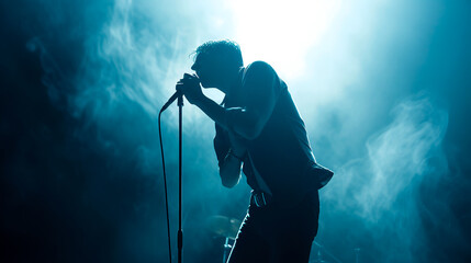 Rock musician singer holding a microphone standing on stage singing. Blue smoke clouds. Dynamic emotional image