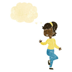 cartoon dancing woman with thought bubble