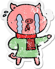 distressed sticker of a crying pig cartoon wearing human clothes