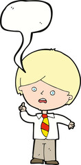 cartoon worried school boy raising hand with speech bubble