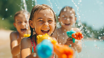 Children playing with water guns and laughing on a hot summer day, showcasing the carefree joy of a family summer adventure