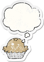 cartoon pie and thought bubble as a distressed worn sticker