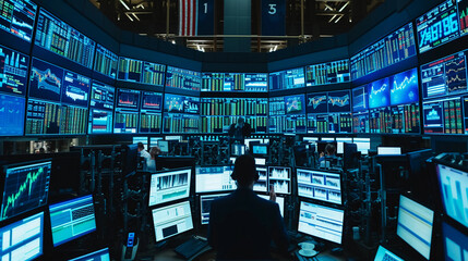 high-tech trading floor, screens displaying stock market graphs, traders intensely focused, a blend of traditional and futuristic design elements