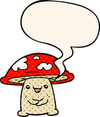 cartoon mushroom character and speech bubble in comic book style