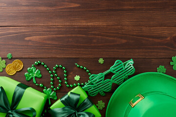 St. Paddy's celebrating: unwrapping a leprechaun's surprise. Top view photo of leprechaun hat, gift...
