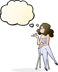 cartoon woman sitting on bar stool with thought bubble