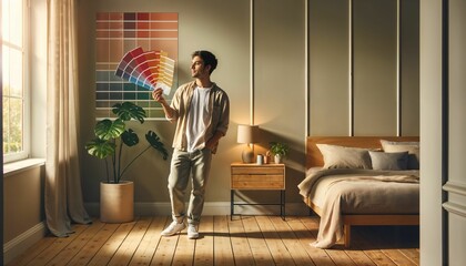 Young man with color palette in hand, making choices for home interior design and renovation