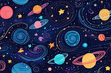 Seamless pattern space elements. Pattern illustration background inspried by the cosmos. Galaxies, stars and planet create a dreamy and mesmerizing atmosphere.   