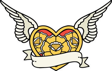 traditional tattoo of a flying heart with flowers and banner