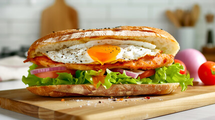 Delicious sub sandwich with chicken fried egg tomatoes onions and lettuce with spicy sauce in toasted roll. Cozy homely atmosphere - obrazy, fototapety, plakaty