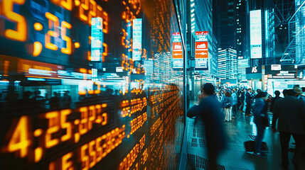 bustling stock exchange floor with traders intently watching large digital screens displaying dynamic interest rates, vividly illuminated numbers against a dark background, a sense of urgency and focu