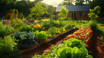 A well-maintained vegetable garden with flourishing rows of carrots, lettuce, and juicy red tomatoes.