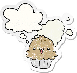 cute cartoon pie and thought bubble as a distressed worn sticker