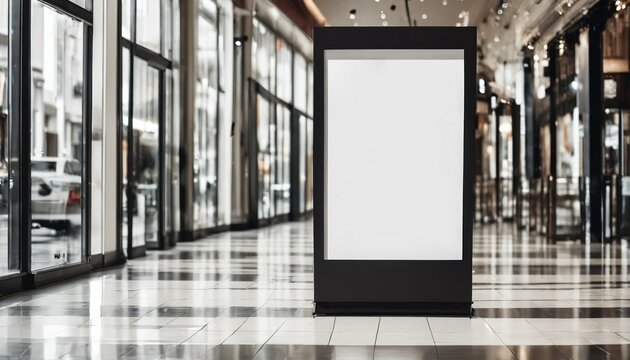 Shopping mall roll-up banner stand mockup with empty space, ideal for wide advertisement designs