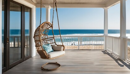 Front porch of a coastal home featuring a relaxing swing chair, overlooking the distant ocean