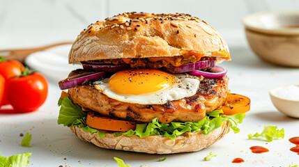 Delicious sub sandwich with chicken fried egg tomatoes onions and lettuce with spicy sauce in toasted bun. Cozy homely atmosphere - obrazy, fototapety, plakaty