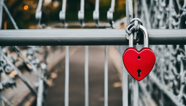 Love locks on a bridge featuring a prominent red padlock and a heart-shaped lock at the extremity