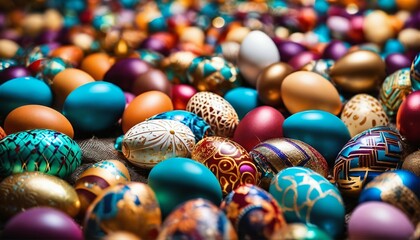 Fototapeta na wymiar Detailed view of multi-colored Easter eggs creating a festive backdrop