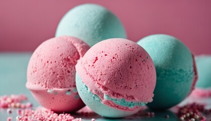 Handmade aromatic bath bombs in vibrant multicolors, fizzy and round for relaxation