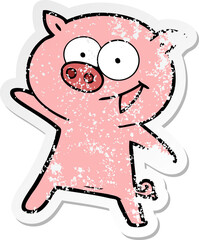 distressed sticker of a cheerful dancing pig cartoon