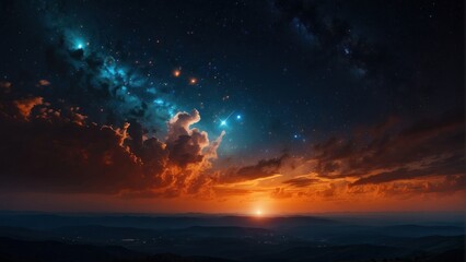 Fototapeta premium Cosmos Banner. Sci-Fi Night Sky Panorama with Orange and Blue Colors. generative, ai.