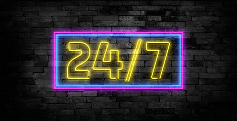 Obraz premium 24 7 Neon Sinboard Vector. Open all day neon sign, design template, modern trend design, night signboard, night bright advertising, light banner, light art. Vector. Editing text neon sign.