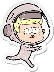distressed sticker of a cartoon tired astronaut