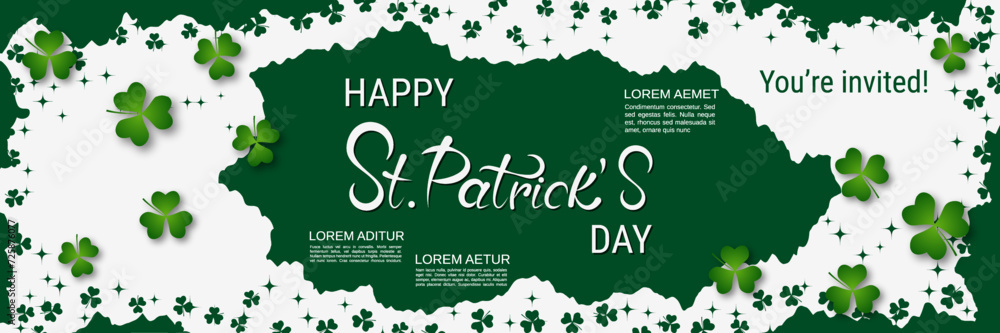 Poster st.patrick's day vector banner template. white-green background with clover leaves and design elemen
