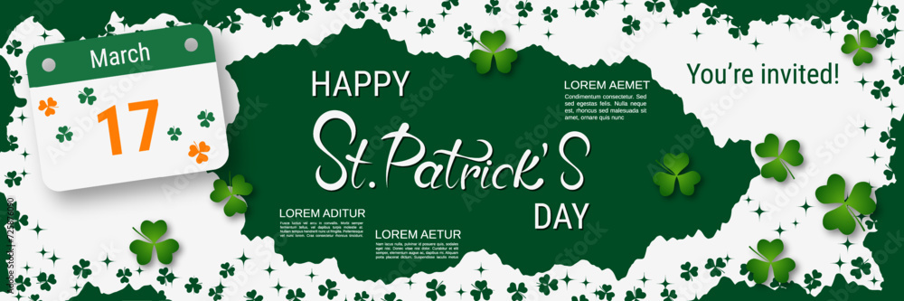 Poster st.patrick's day vector banner template. white-green background with clover leaves and design elemen