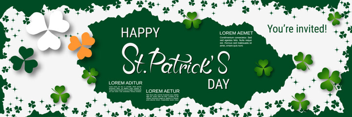 St.Patrick's Day vector banner template. White-green background with clover leaves and design elements