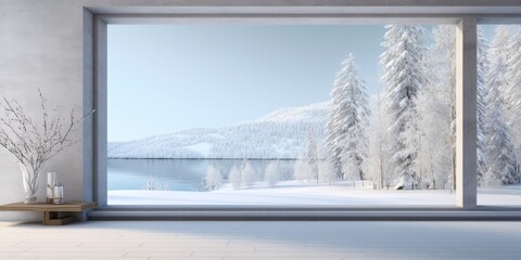 Contemporary home window with winter scenery.