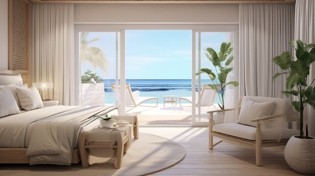 A serene beachfront bedroom with a neutral color palette, flowing curtains, and direct access to a private balcony overlooking the ocean.