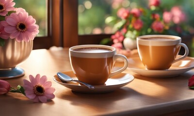 Fototapeta na wymiar Spring time. ceramic cup of aromatic espresso coffee on the table near windowsill, a bouquet of beautiful flowers, morning sunlight from window