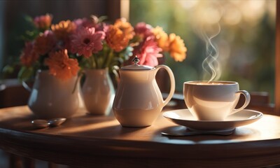 Spring time. ceramic cup of aromatic espresso coffee on the table near windowsill, a bouquet of beautiful flowers, morning sunlight from window