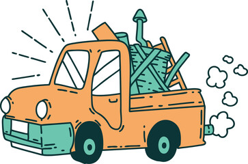 traditional tattoo style truck carrying junk